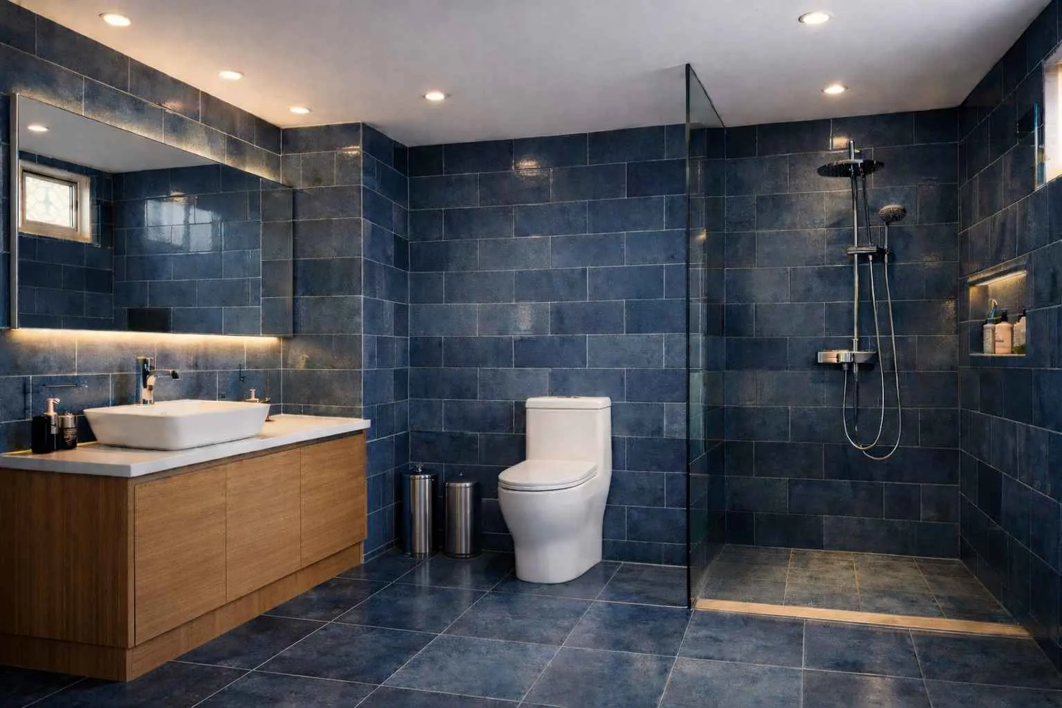 Perpaduan Keramik Lantai dan Dinding Kamar Mandi Warna Biru